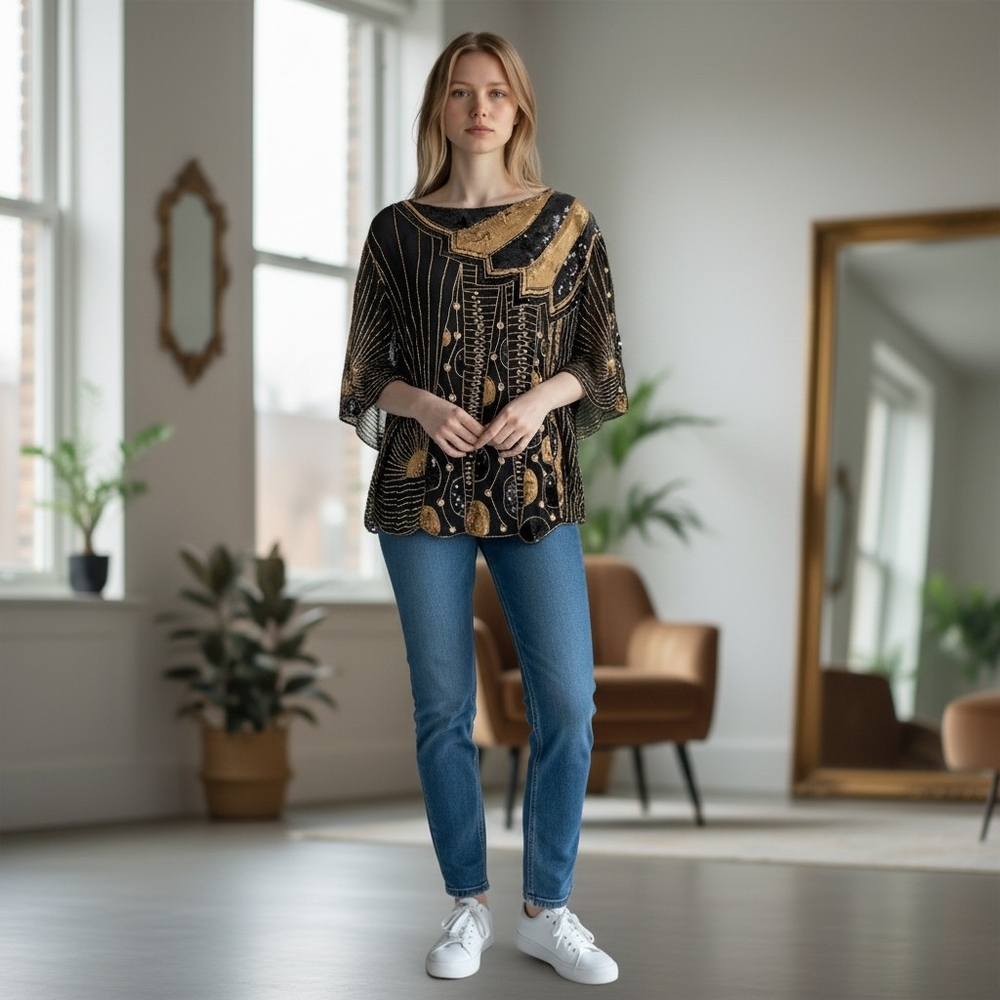 Vintage Black Silk Top | Hand Embellished with Pearl & Gold Beads/Sequins | Art